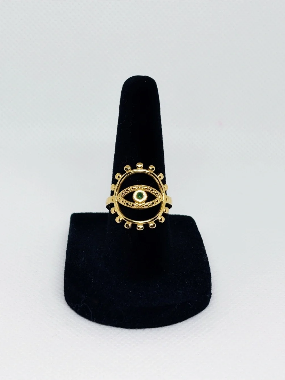18k Yellow Gold Plated Evil Eye Ring with Green Emerald Stone (Adjustable)